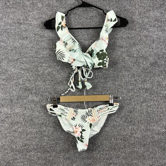 Agua Bendita Bikini Set Small Floral Ruffle Tassel Beaded Tropical Resort Beach